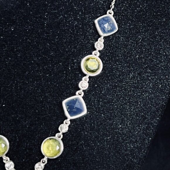 Silver Tone Lariat Neccklace With Blue Green And Yellow Faceted Crystals (5376) - Picture 4 of 5